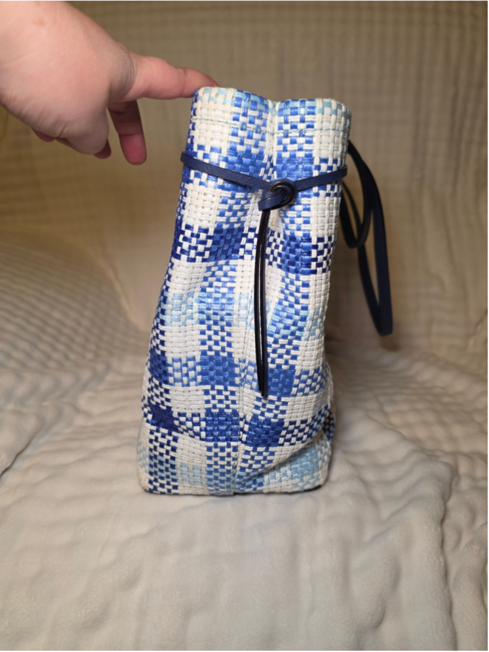 Women's Kate Spade Plaid Woven Tote Bag One Size Blue and White - Picture 7 of 9